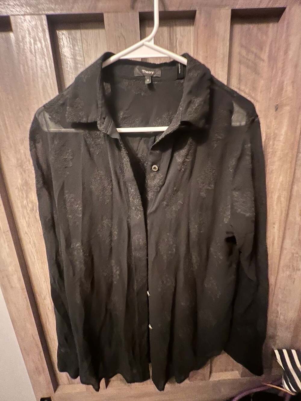 Theory Black Sheer Button-Down Shirt with Embroidered Jacquard Pattern